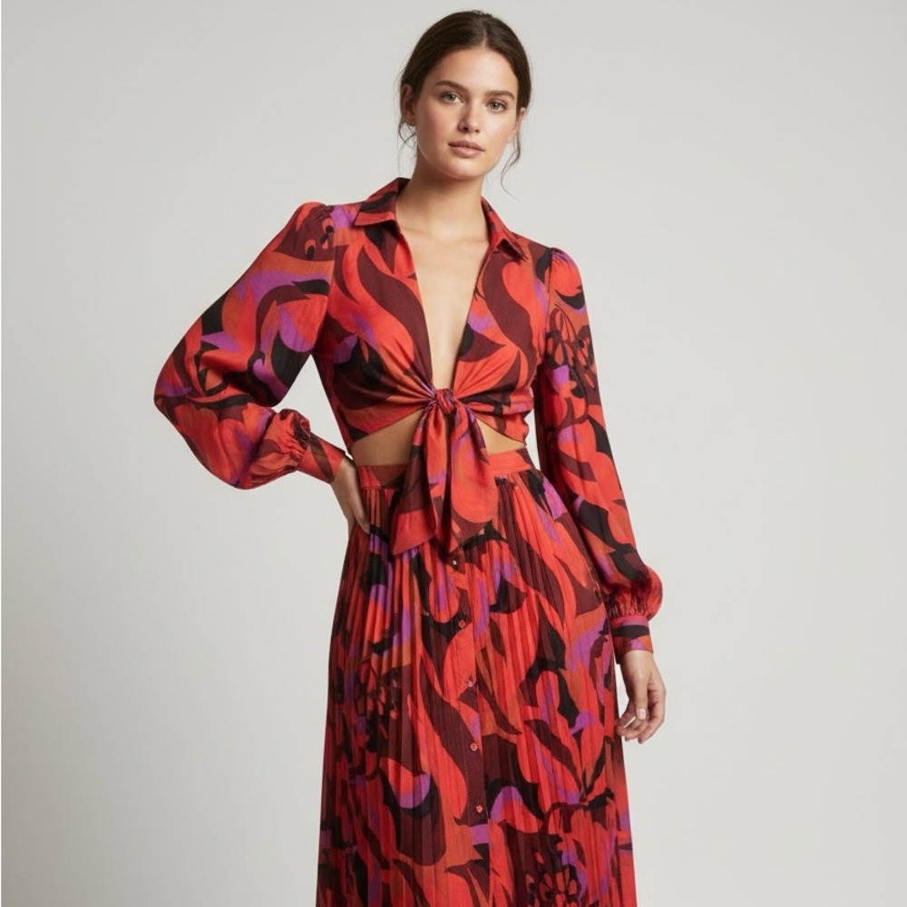 Dress‎ Womens Small Red Geometric Cut Out Tie Front Maxi 70s Boho Long Sleeve